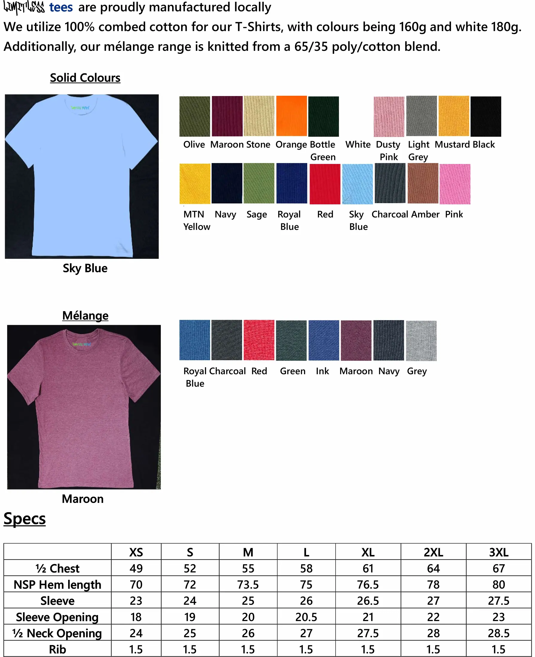 Limitless Prints t-shirt size and colour chart showing solid and mélange colour swatches and a full sizing table from XS to 3XL